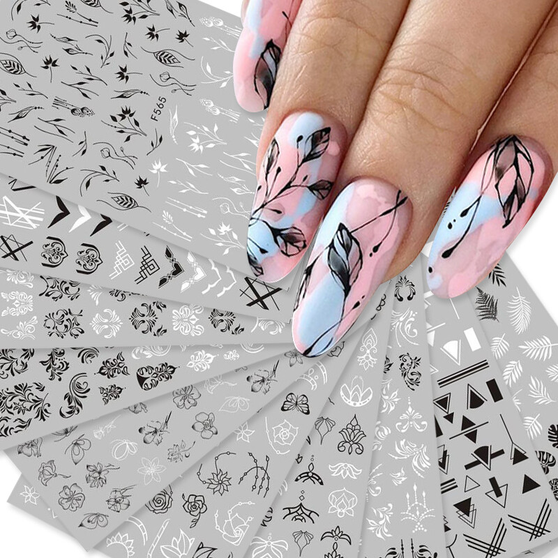 Geometric Leaves 3D Nail Stickers White Black Adhesive Decals Flowers Nail DIY Geometric Leaves 3D Nail Stickers White Black Adhesive Decals Flowers Nail DIY