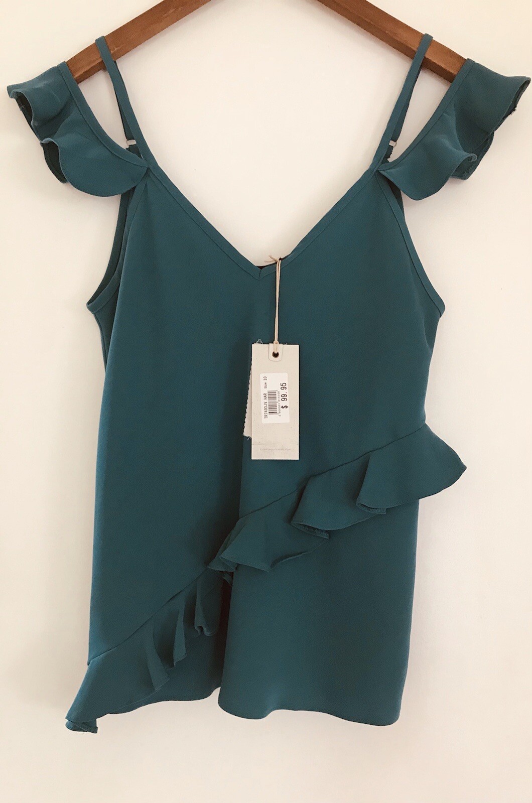 Flower Clothing Sz 10 Teal Blouse Cold Shoulder Frill Asymmetrical NWT RRP$99.95