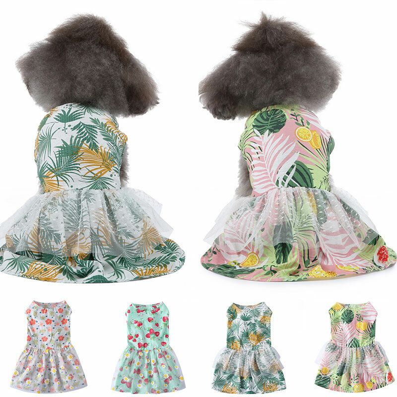Pet Floral Skirt Summer Round Sleeveless Runded Dress Dog Cotton Costume Wedding