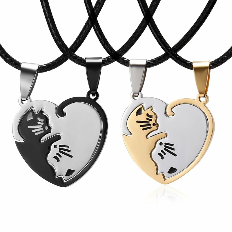 2Pcs Unisex Stainless Steel Couple Cat I LOVE U Leather Pendant Necklace Jewelry 2Pcs Unisex Stainless Steel Couple Cat I LOVE U Leather Pendant Necklace Jewelry
