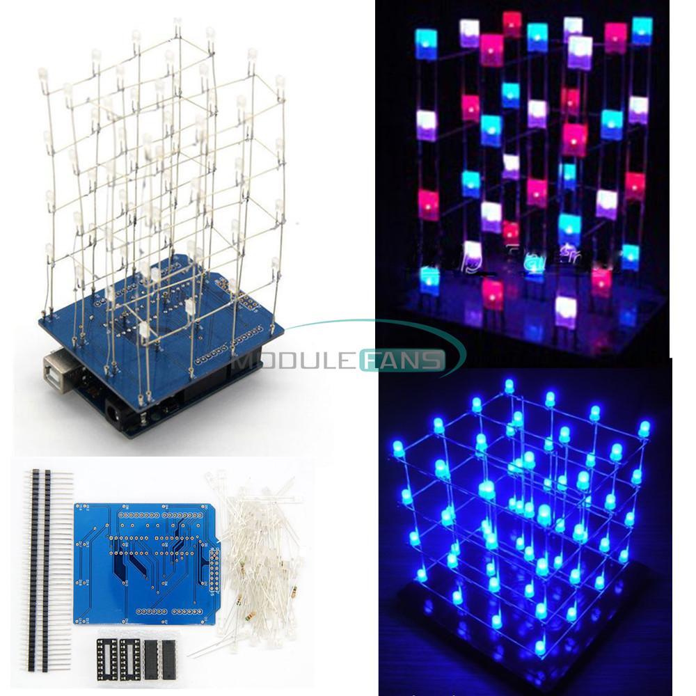 Electronics Kits 4x4x4 Blue 3D LED Cube For Arduino uno shield LED DIY + Case M Electronics Kits 4x4x4 Blue 3D LED Cube For Arduino uno shield LED DIY + Case M