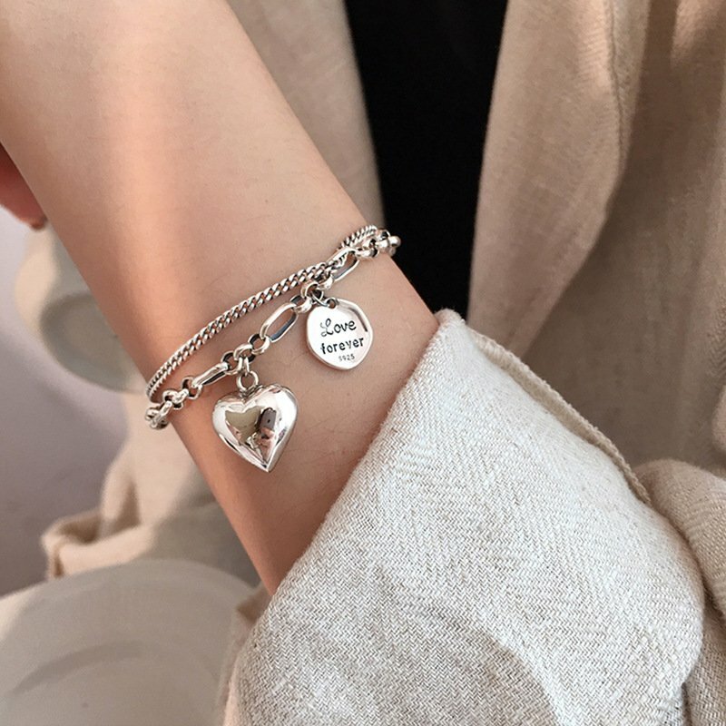 925 Silver Love Forever Heart Bracelet Chain Double Layer Bangle Women Jewelry 925 Silver Love Forever Heart Bracelet Chain Double Layer Bangle Women Jewelry