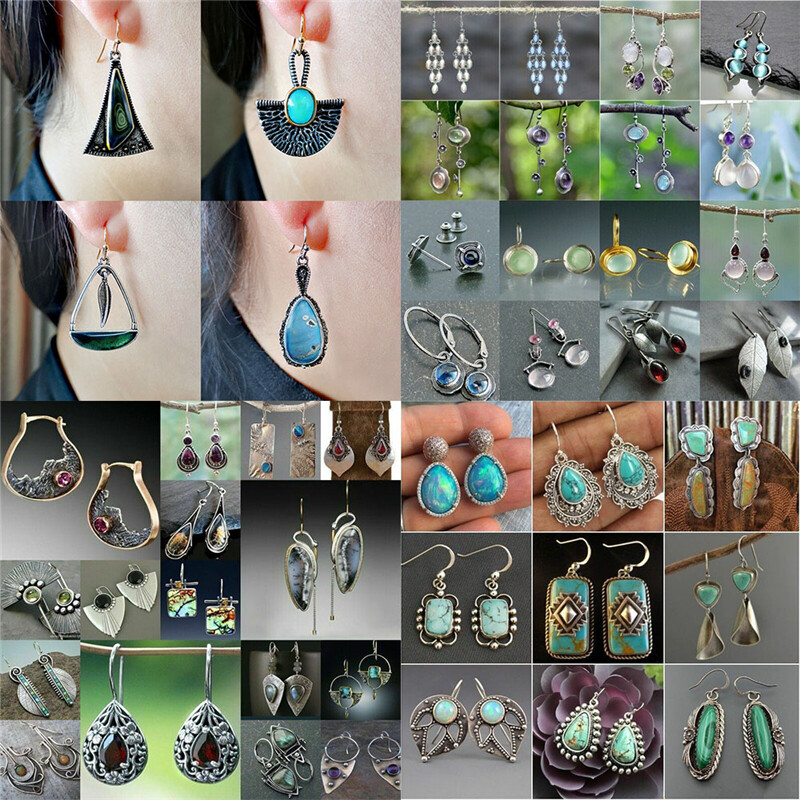 Fashion Tibetan Silver Vintage Turquoise Ear Hook Drop/Dangle Earrings Jewelry