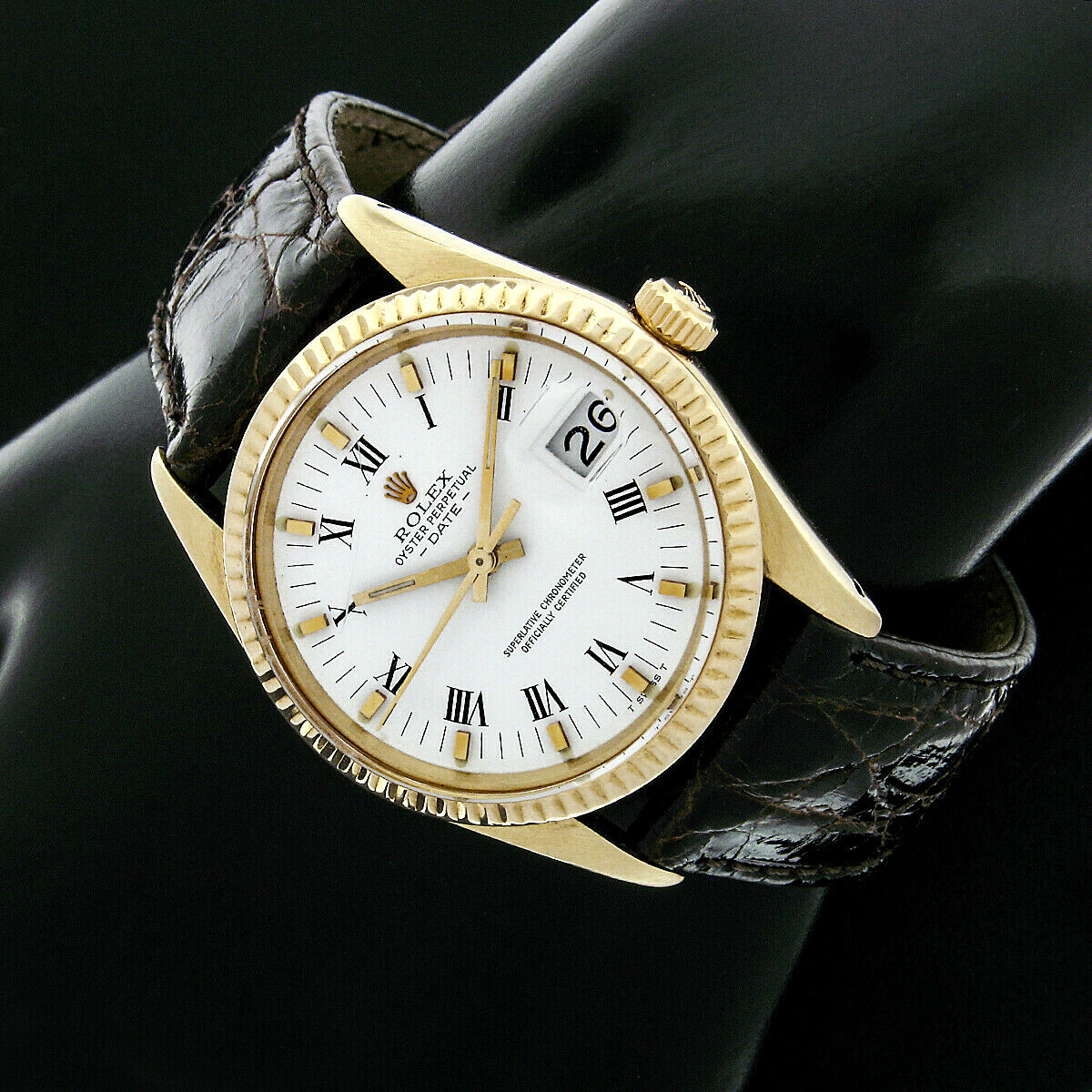 Vintage 14k Yellow Gold 34mm Rolex Date White Buckley Roman Dial Watch Ref 15037 Vintage 14k Yellow Gold 34mm Rolex Date White Buckley Roman Dial Watch Ref 15037