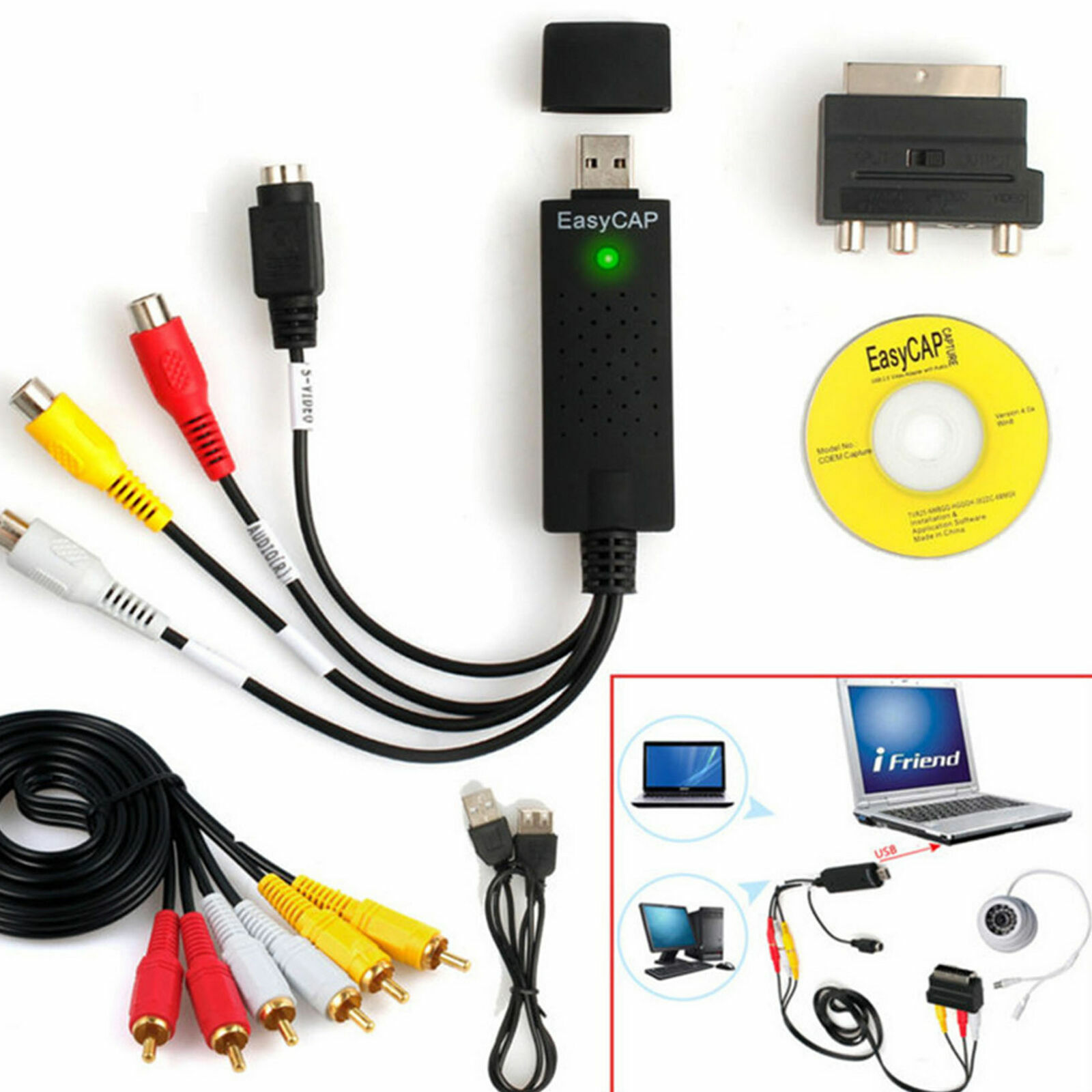 Easycap USB 2.0 Audio Video VHS to DVD Converter Scart RCA Cable Capture Card US