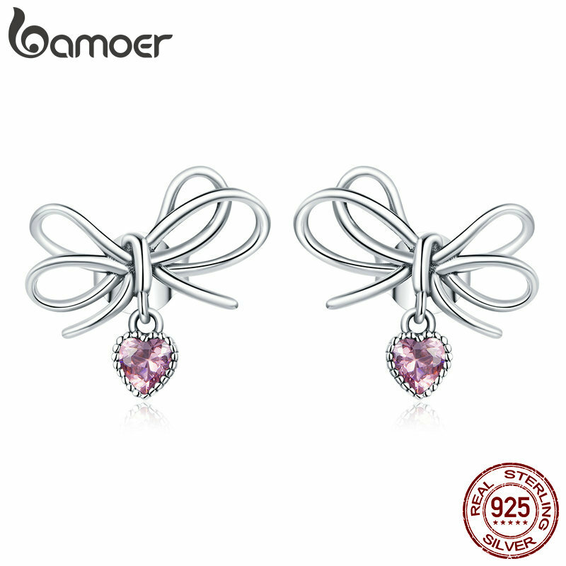 BAMOER Women European S925 Sterling Silver Earrings Pavé CZ Gift Bow Jewelry BAMOER Women European S925 Sterling Silver Earrings Pavé CZ Gift Bow Jewelry