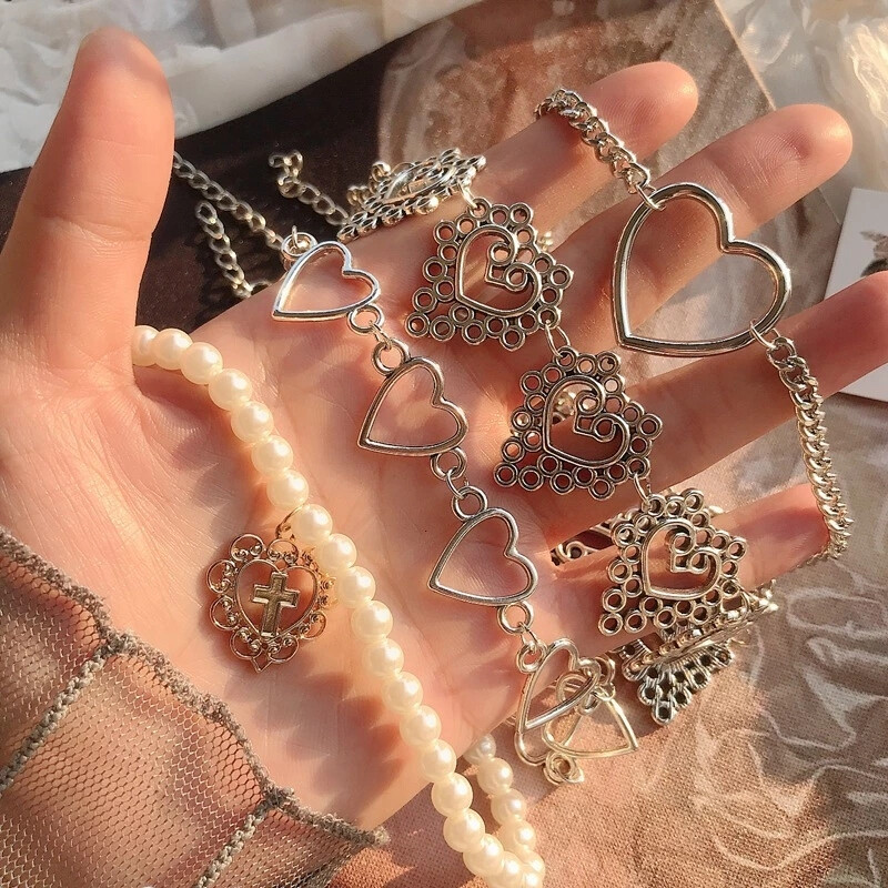 New Women Heart Chain Choker Collar Goth Necklace Pearl Aesthetic Jewelry Gift New Women Heart Chain Choker Collar Goth Necklace Pearl Aesthetic Jewelry Gift