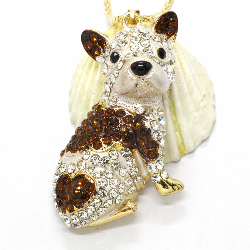 New Cute Brown Bulldog Dog Puppy Crystal Pendant Jewelry Fashion Chain Necklace