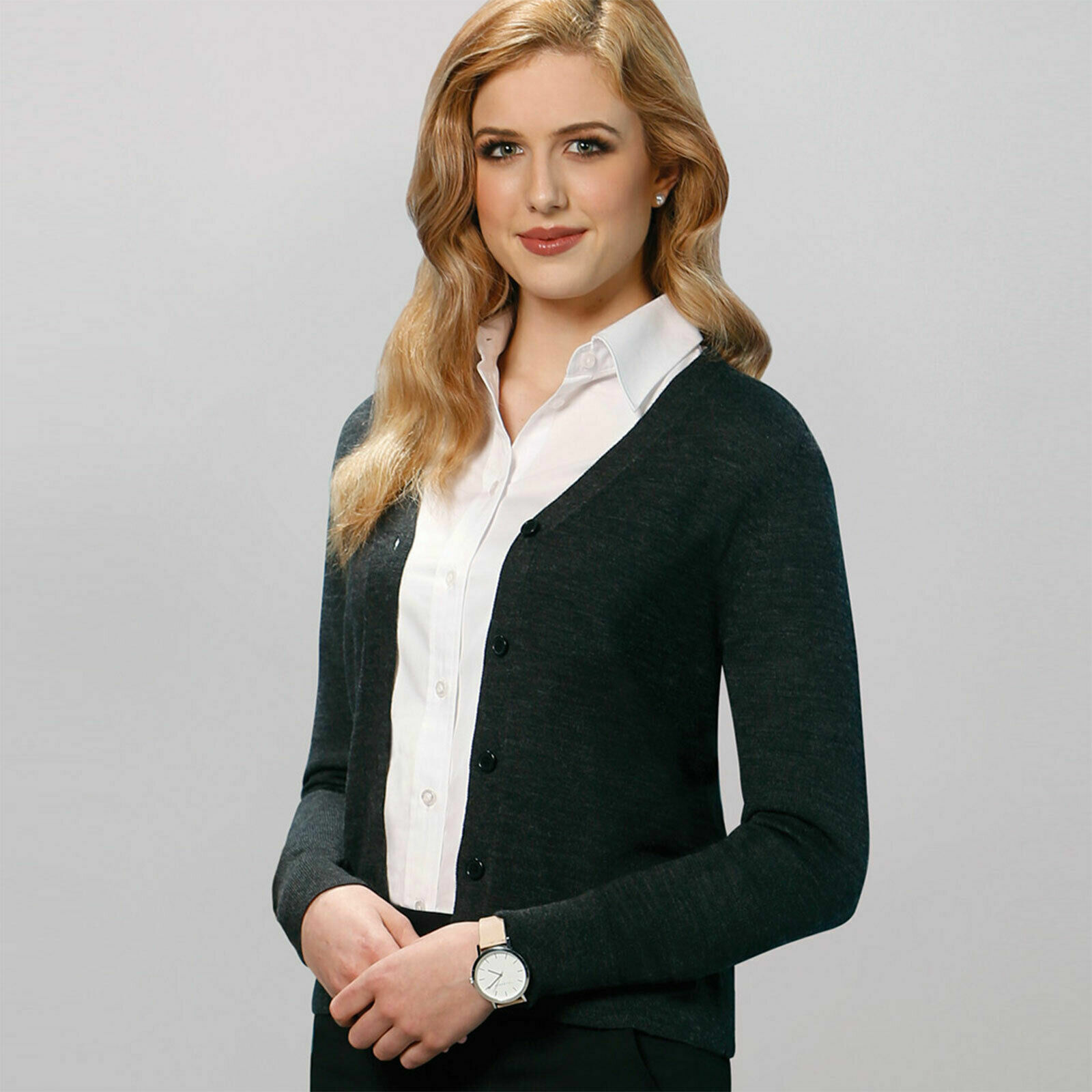 Womens V-Neck Merino Wool Cardigan | Ladies Plain Long Sleeves Button Apparel