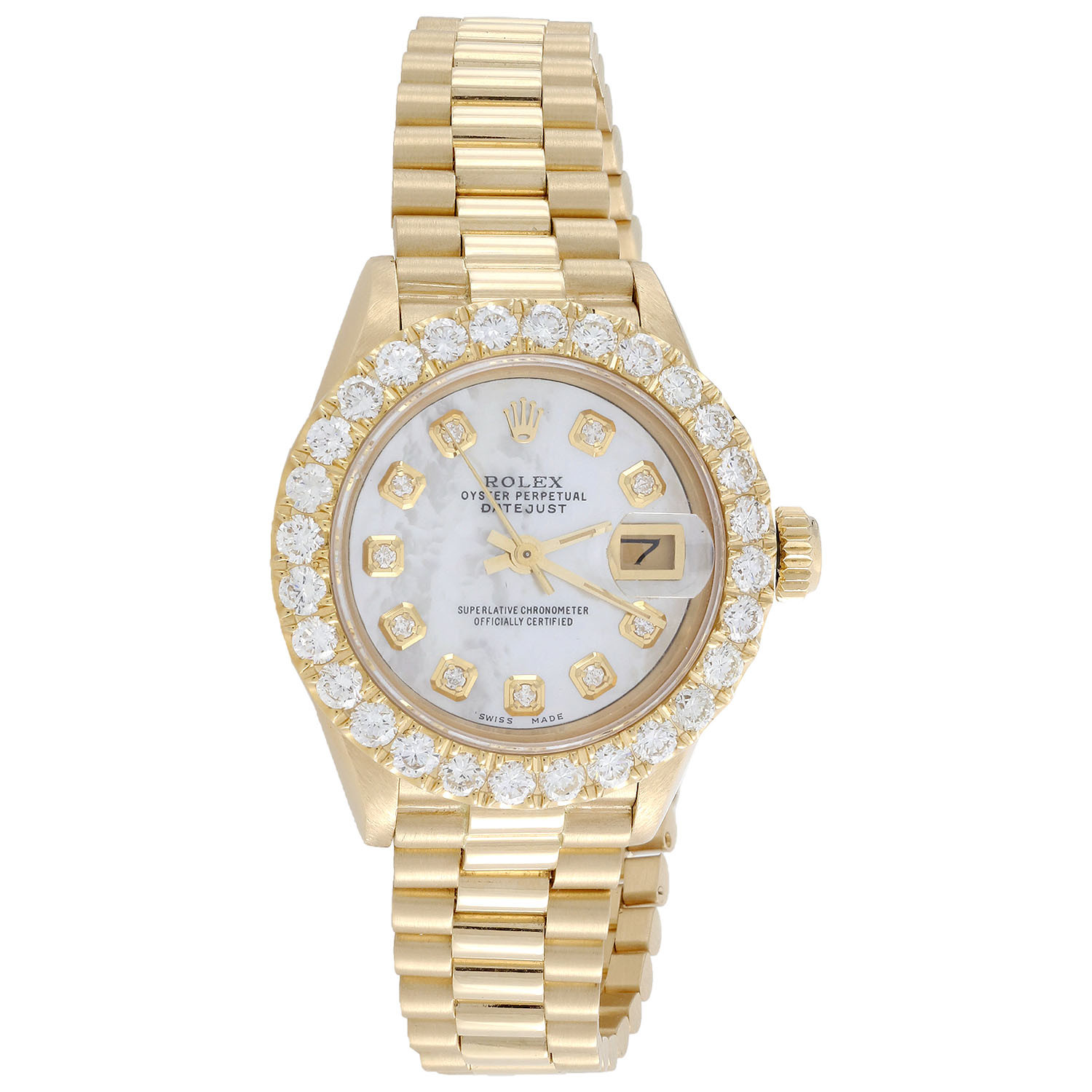 Rolex 18K Gold President 26mm DateJust 69178 VS Diamond White MOP Watch 2.08 CT. Rolex 18K Gold President 26mm DateJust 69178 VS Diamond White MOP Watch 2.08 CT.