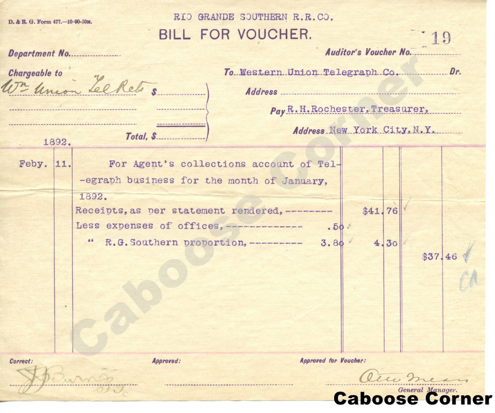 RGS Rio Grande Southern Signed by Otto Mears Bill for Voucher Western Union 1892 RGS Rio Grande Southern Signed by Otto Mears Bill for Voucher Western Union 1892