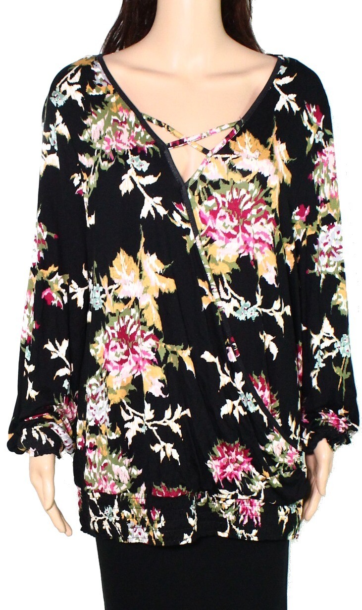Style & Co Womens Top Black Size 2X Plus Knit Floral Smocked Surplice #174 Style & Co Womens Top Black Size 2X Plus Knit Floral Smocked Surplice #174