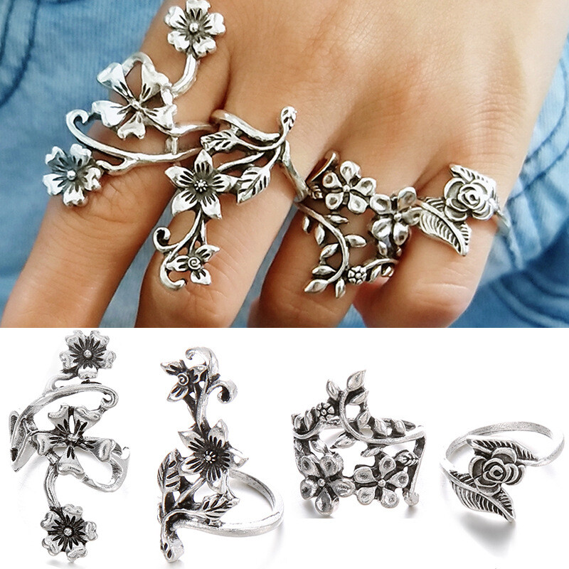 Women Charm 4Pcs/Set Silver Flower Leaves Midi Finger Knuckle Rings Boho Jewelry