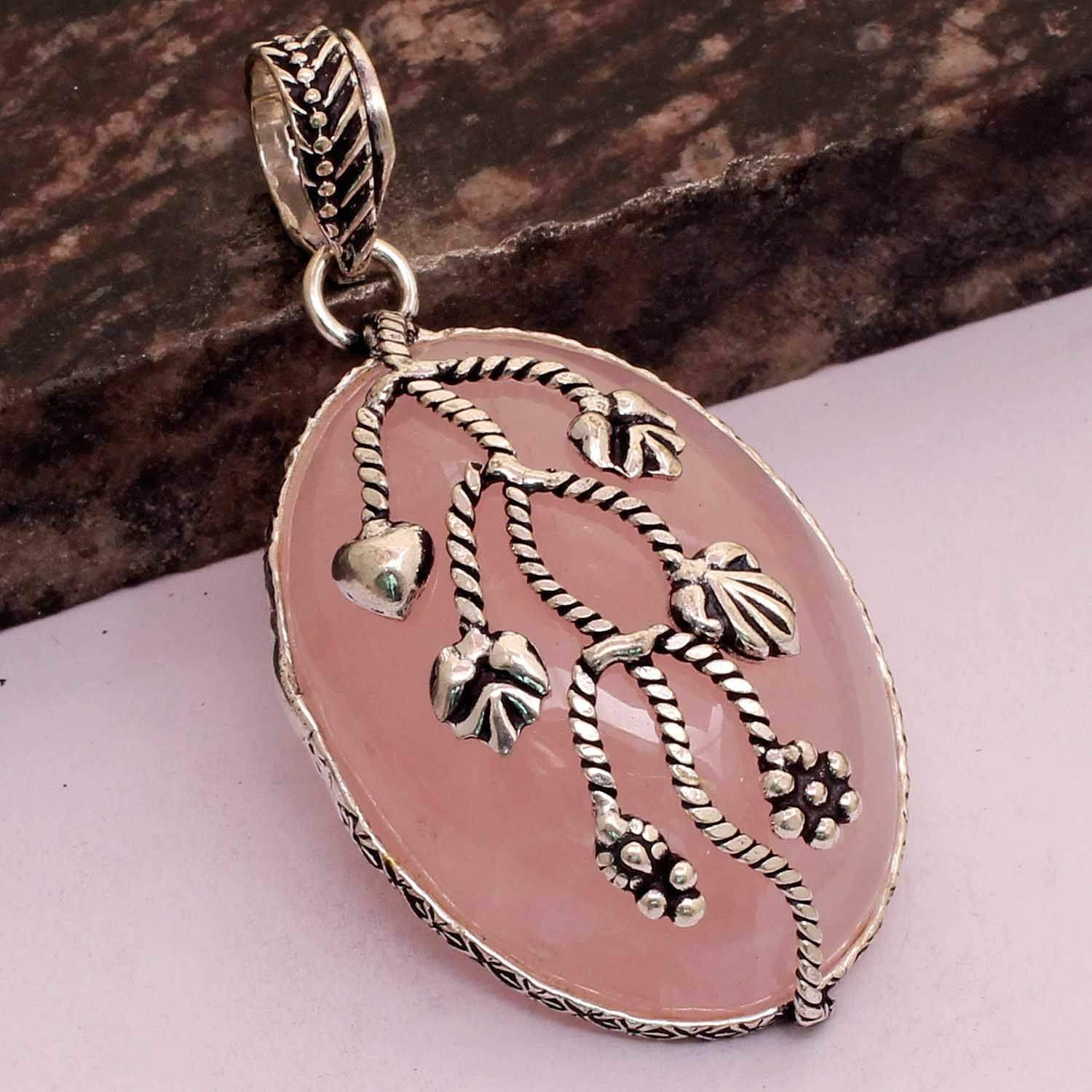 Rose Quartz Ethnic Handmade Pendant Jewelry 2.4″ AP 43864