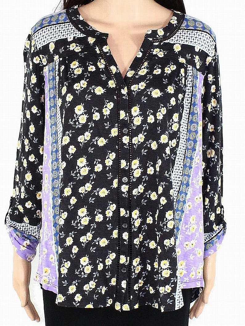 Style & Co. Women’s Blouse Black Size 3X Plus Patched Print Button Up $49 #171