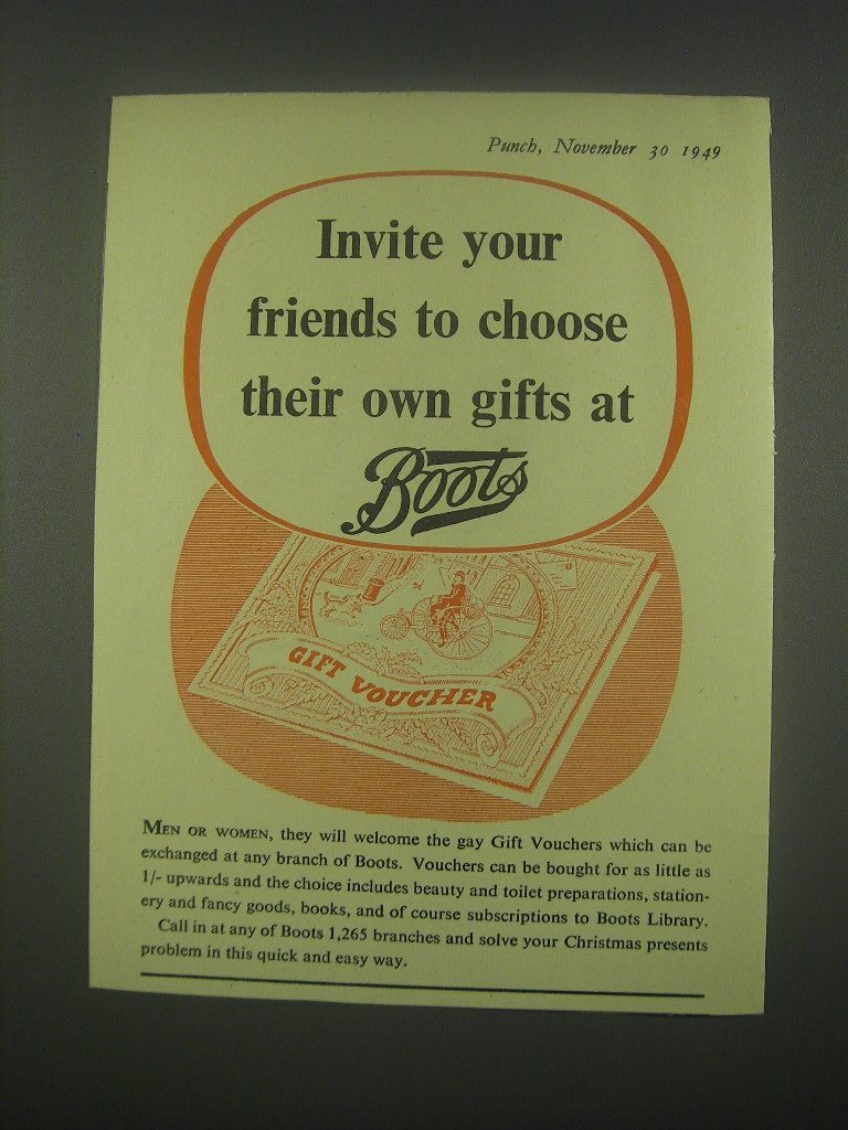1949 Boots Gift Vouchers Ad – Invite your friends to choose their own gifts 1949 Boots Gift Vouchers Ad – Invite your friends to choose their own gifts