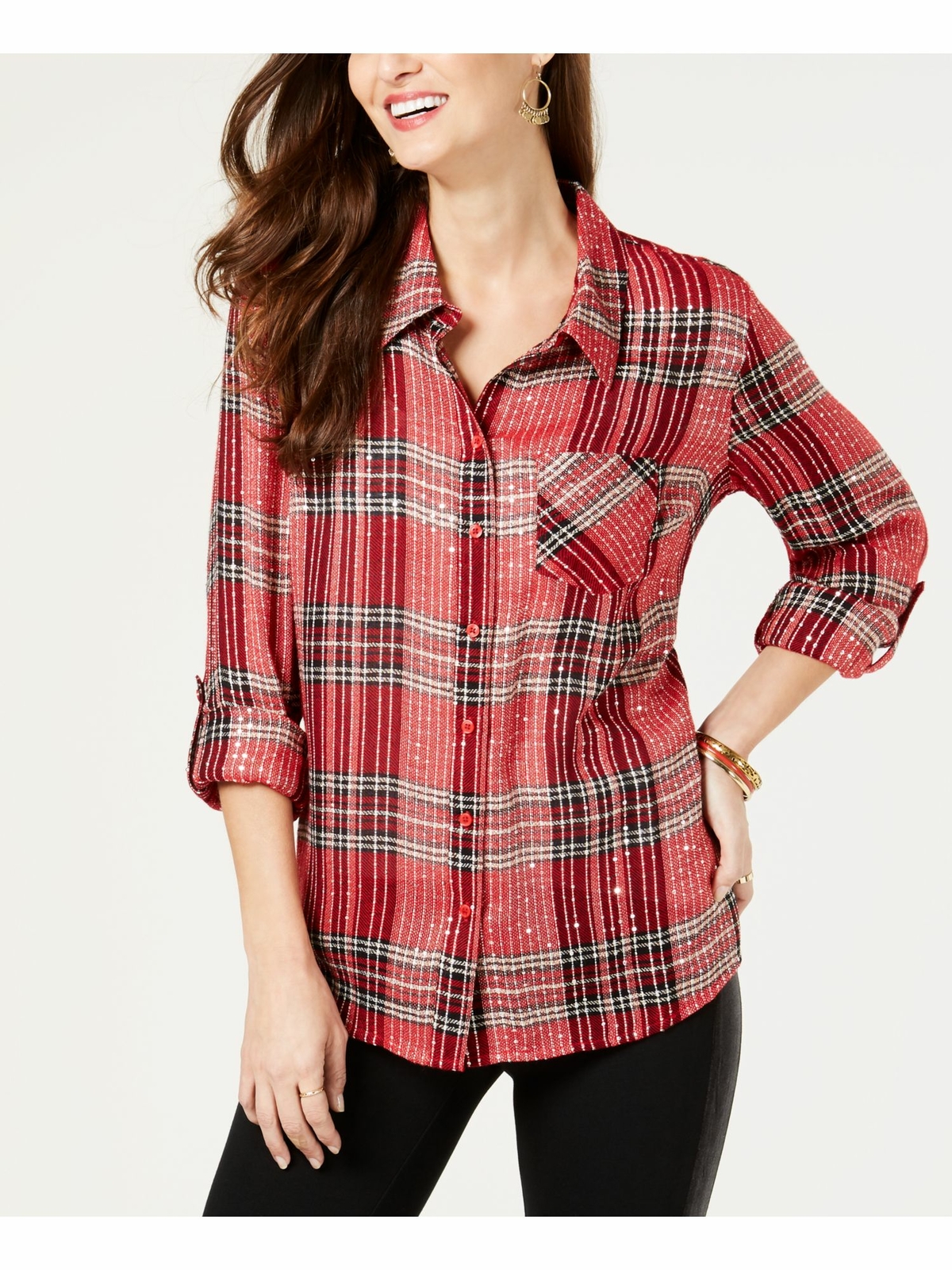 STYLE & COMPANY Womens New Red Windowpane Plaid Sequined Top PM B+B STYLE & COMPANY Womens New Red Windowpane Plaid Sequined Top PM B+B