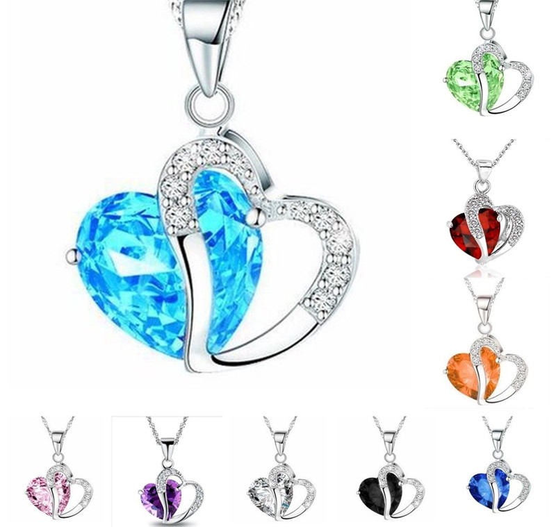 Fashion Women Pendant Jewelry Crystal Heart Silver Colour Necklace+Chain