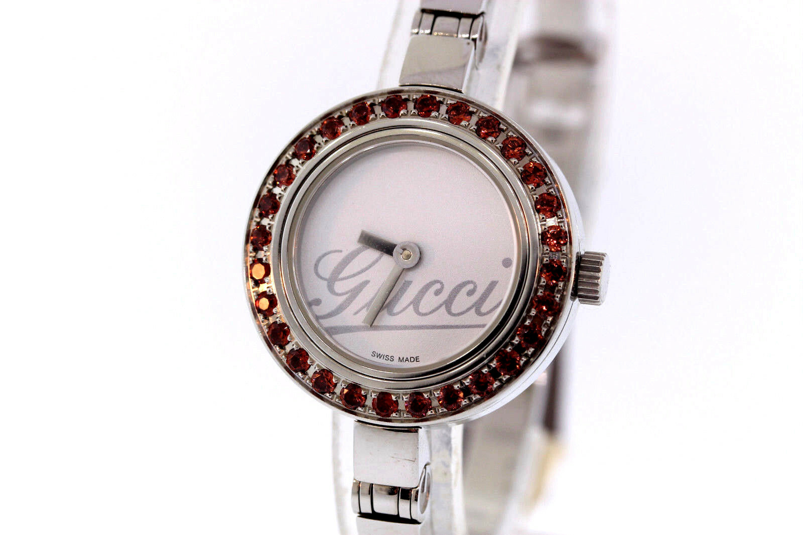 Ladies Gucci YA105534 Stainless Bangle Bracelet White Dial Garnet Bezel Watch Ladies Gucci YA105534 Stainless Bangle Bracelet White Dial Garnet Bezel Watch