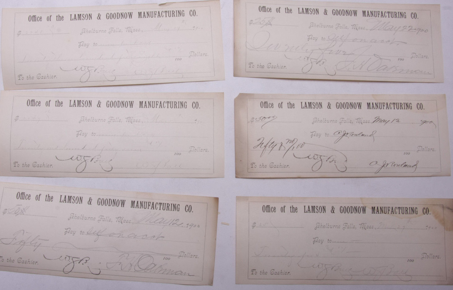 1900 Lamson Goodnow (6) Signed Pay Vouchers Antique Hand Written Ephemera C28-35 1900 Lamson Goodnow (6) Signed Pay Vouchers Antique Hand Written Ephemera C28-35