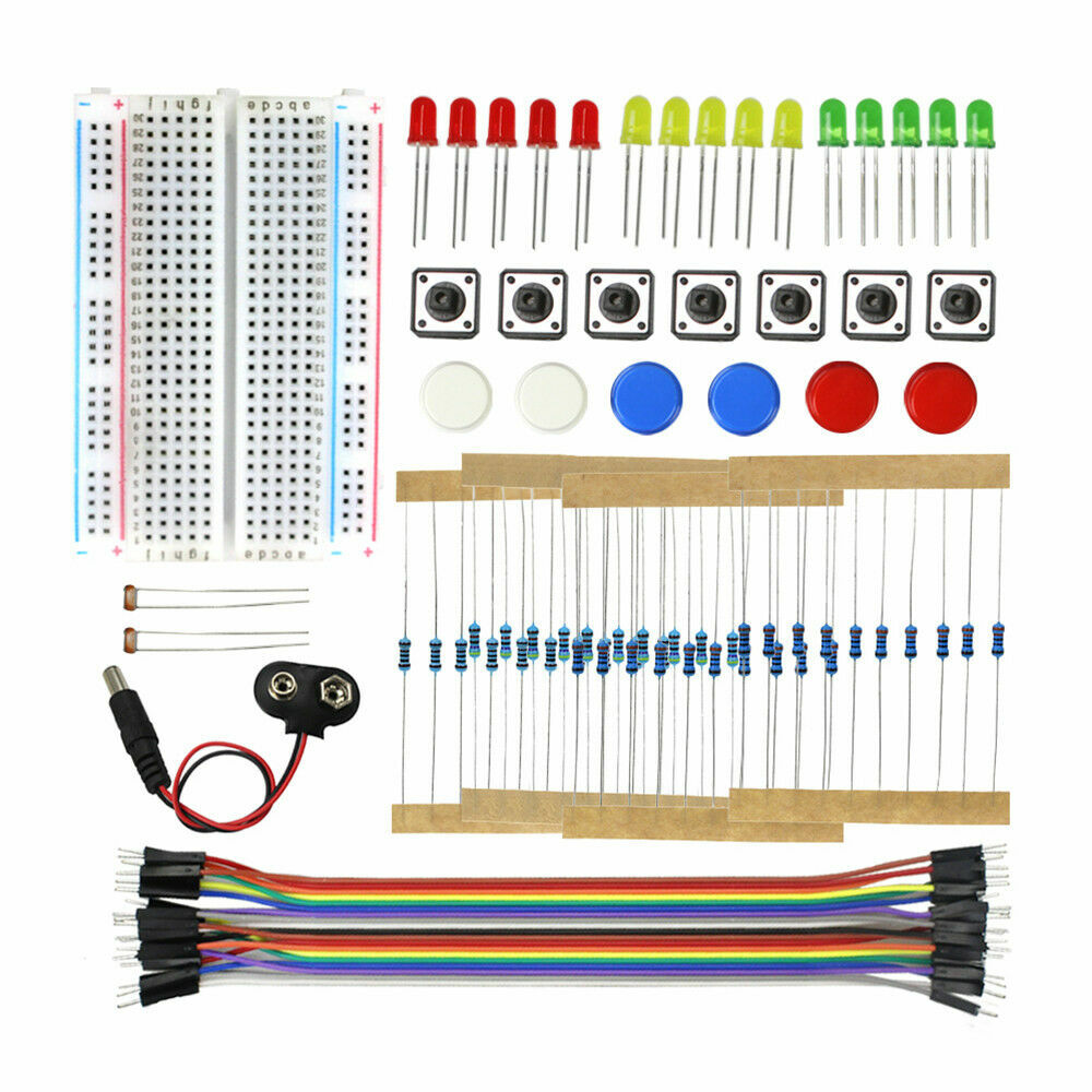 Electronics Starter Kit Breadboard Jumper Wires Resistors LED Buttons Sensors Electronics Starter Kit Breadboard Jumper Wires Resistors LED Buttons Sensors