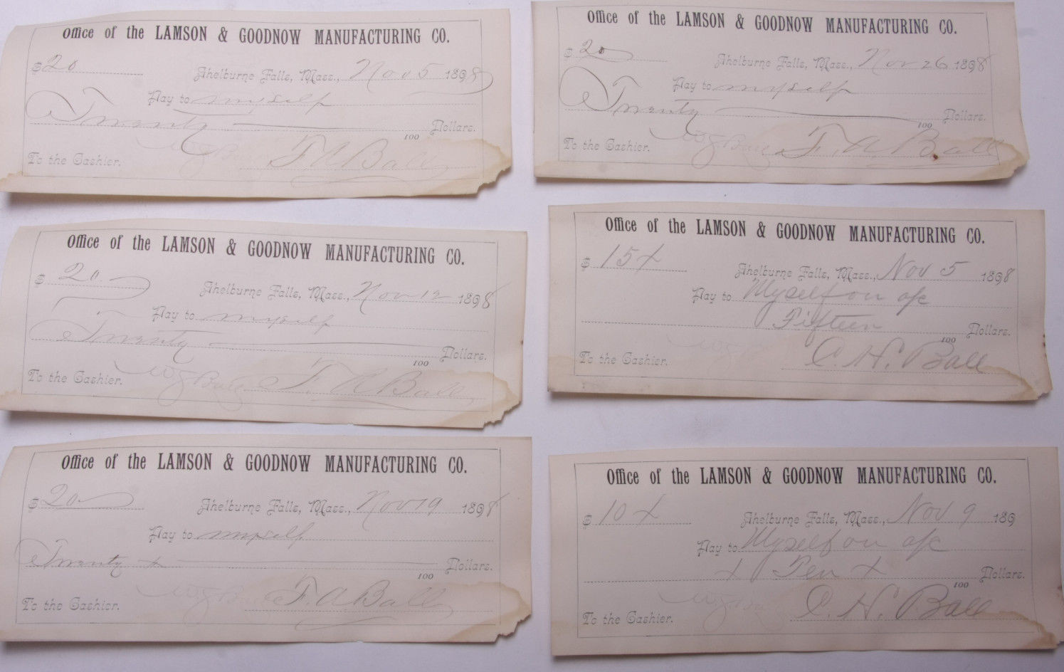 1898 Lamson Goodnow (6) Signed Pay Vouchers Antique Hand Written Ephemera C28-19 1898 Lamson Goodnow (6) Signed Pay Vouchers Antique Hand Written Ephemera C28-19