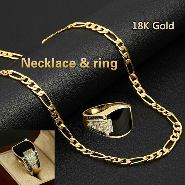 Luxury 18k Gold Jewelry Set Men’s Fashion Ring Figaro Chain Necklace 16″-30″ Luxury 18k Gold Jewelry Set Men’s Fashion Ring Figaro Chain Necklace 16″-30″