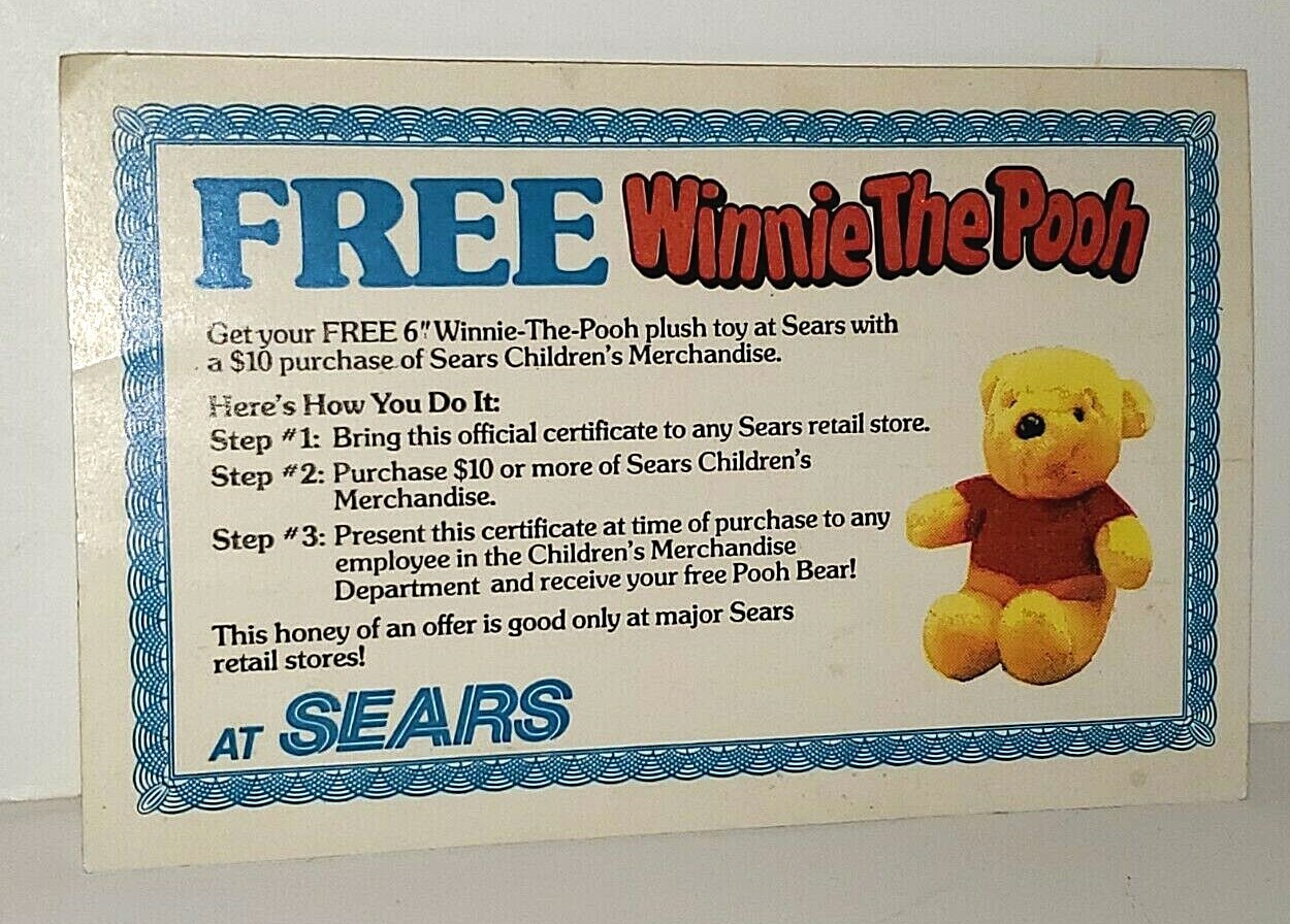VINTAGE 1980’S DISNEY WINNIE THE POOH PLUSH OFFER CHEERIOS SEARS PROMO VOUCHER VINTAGE 1980’S DISNEY WINNIE THE POOH PLUSH OFFER CHEERIOS SEARS PROMO VOUCHER