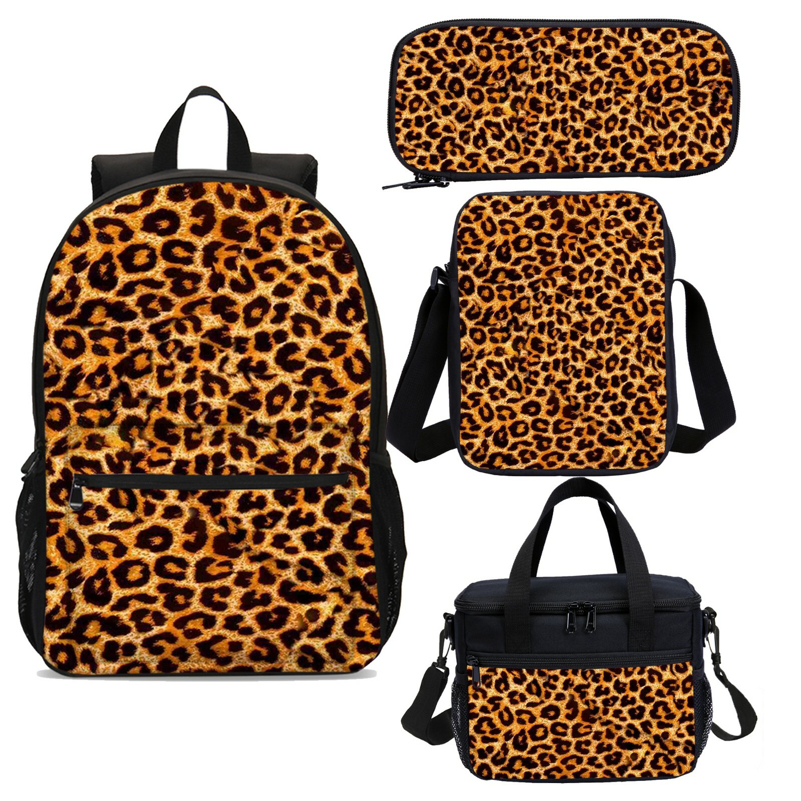 Fashion Leopard Vintage Kids Backpack Schoolbag Insulated Lunch Bag Pen Case Lot