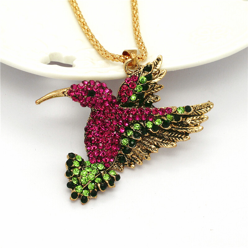 Shiny Rose Crystal Retro Hummingbird Bird Pendant Jewelry Fashion Chain Necklace