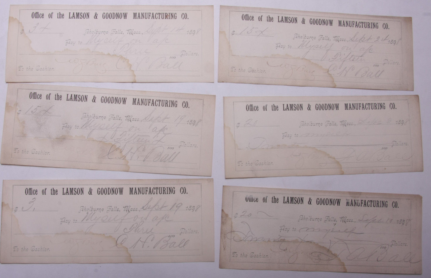 1898 Lamson Goodnow (6) Signed Pay Vouchers Antique Hand Written Ephemera C28-21 1898 Lamson Goodnow (6) Signed Pay Vouchers Antique Hand Written Ephemera C28-21