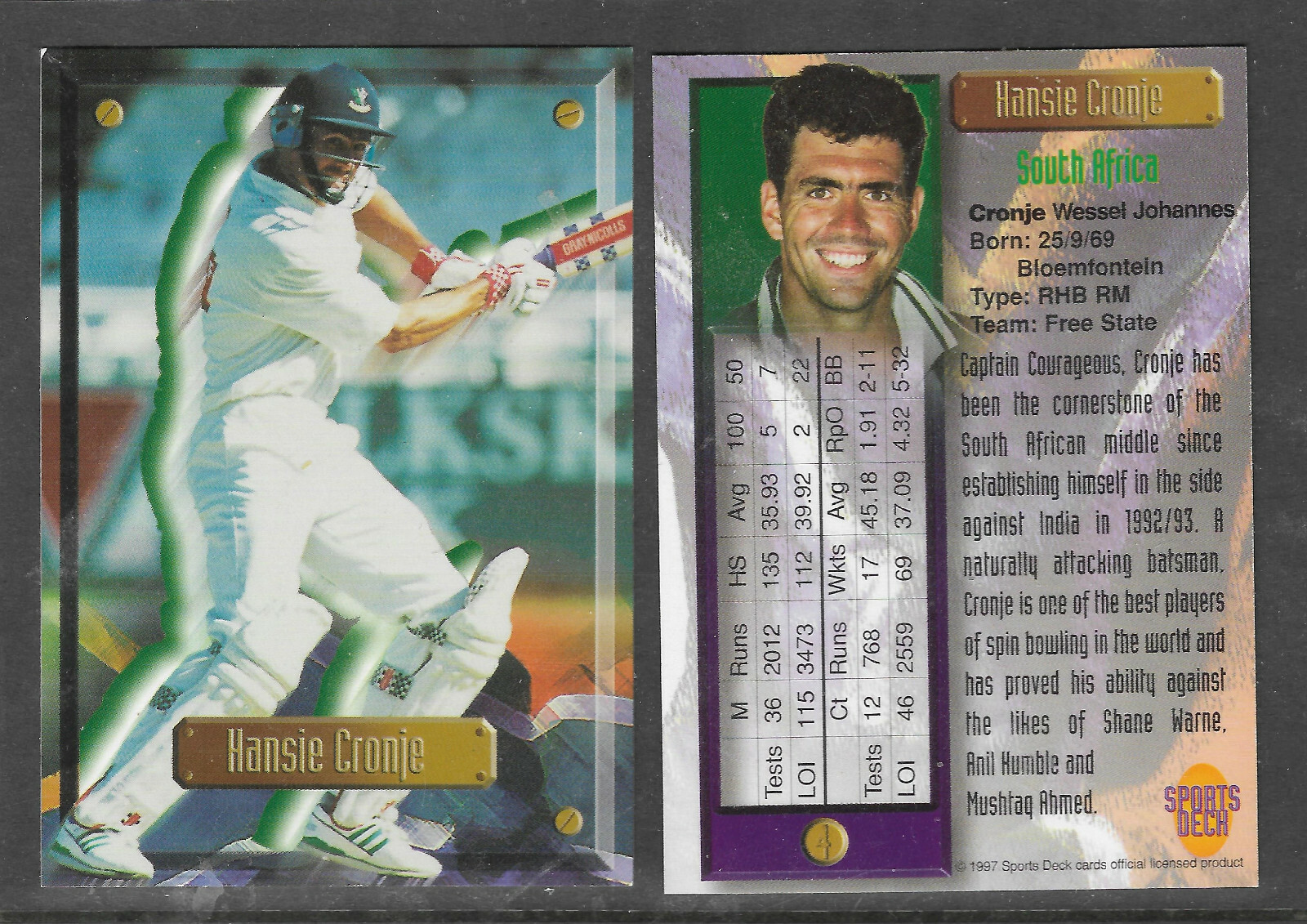 HANSIE CRONJE (South Africa) 1997 South Africa SPORTS DECK CRICKET CARD #4 HANSIE CRONJE (South Africa) 1997 South Africa SPORTS DECK CRICKET CARD #4