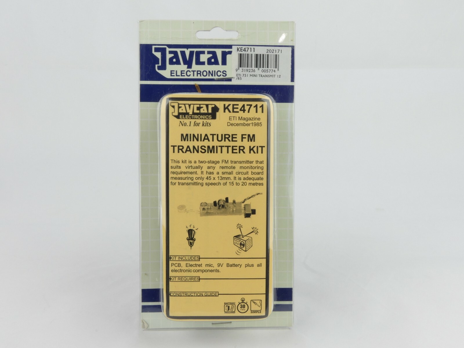 Miniature FM Transmitter Electronics Kit (JayCar KE4711). Miniature FM Transmitter Electronics Kit (JayCar KE4711).