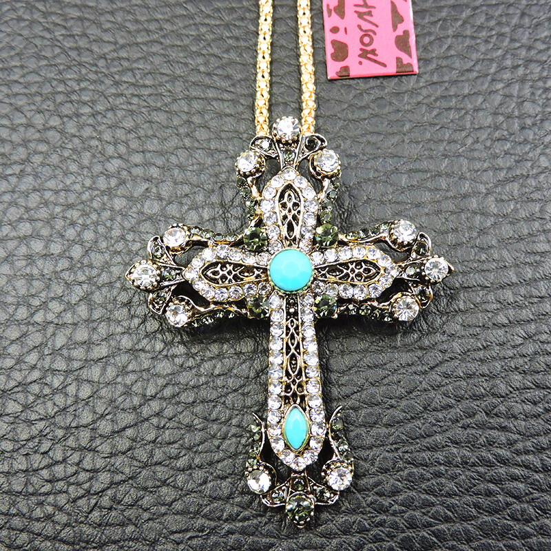 New Betsey Johnson Blue inlay Crystal Bling Cross Women Sweater Necklace New Betsey Johnson Blue inlay Crystal Bling Cross Women Sweater Necklace