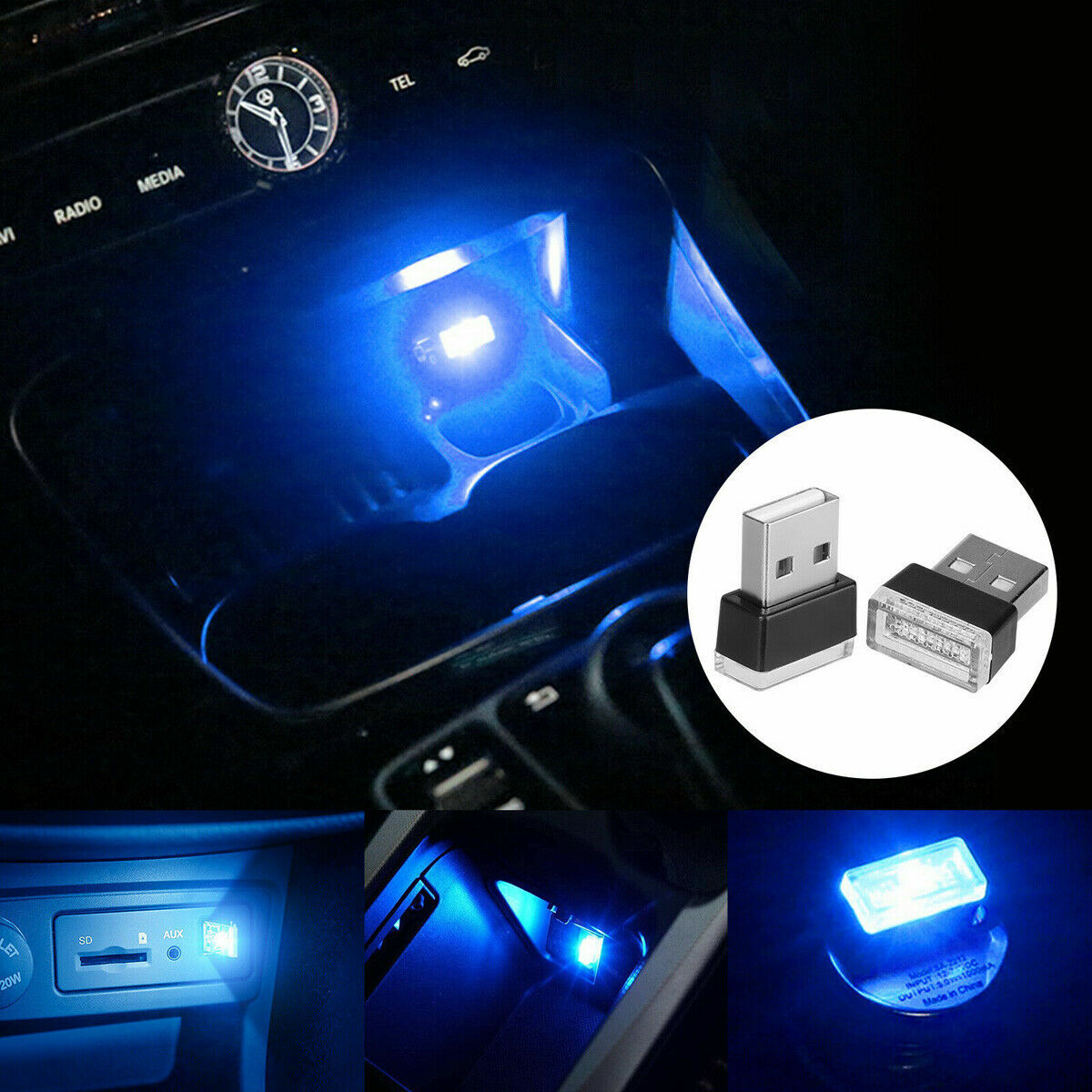 Mini Blue LED USB Car Interior Light Neon Atmosphere Ambient Lamp Accessories