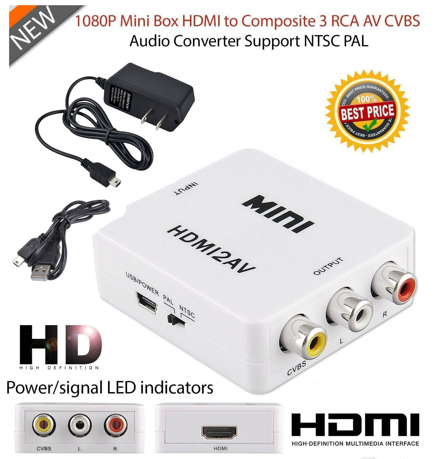 1080P Mini HD Converter Box HDMI to AV RCA CVBS Composite Video Audio Adapter AC 1080P Mini HD Converter Box HDMI to AV RCA CVBS Composite Video Audio Adapter AC