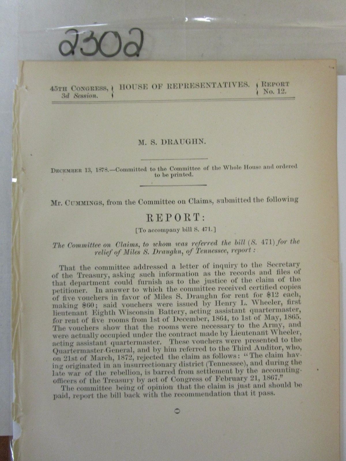 Govt Report Civil War 8th Wisconsin Battery – Rent Vouchers #2302 Govt Report Civil War 8th Wisconsin Battery – Rent Vouchers #2302