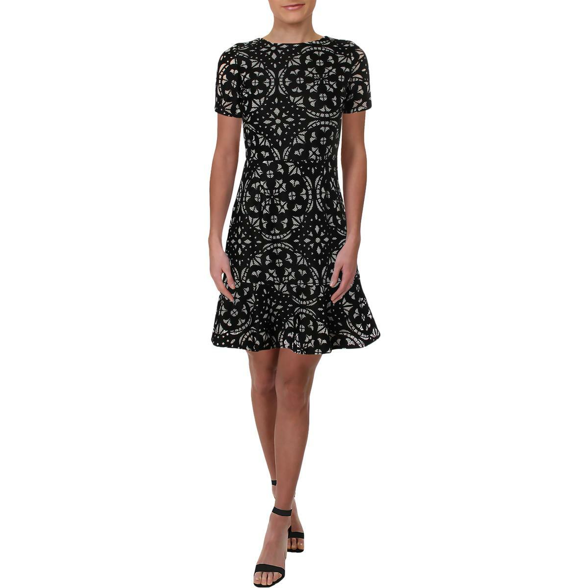 Aqua Womens B/W Lace Inset Floral Daytime Flounce Dress M 7683