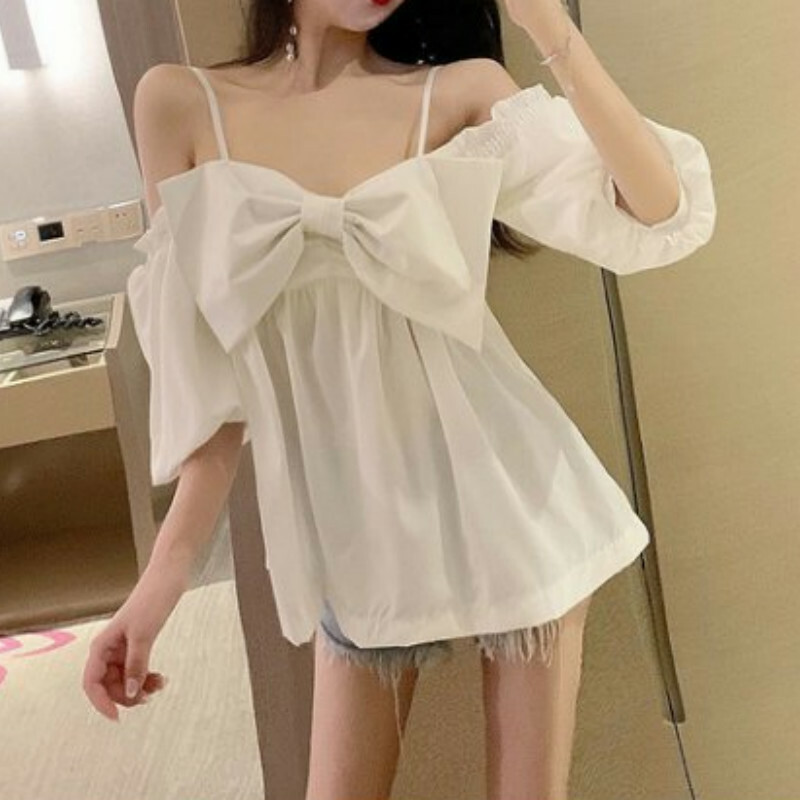 Womens Off Shoulder T-Shirts Bowknot Puff Sleeve Shirt Blouse Fashion Tops Loose Womens Off Shoulder T-Shirts Bowknot Puff Sleeve Shirt Blouse Fashion Tops Loose