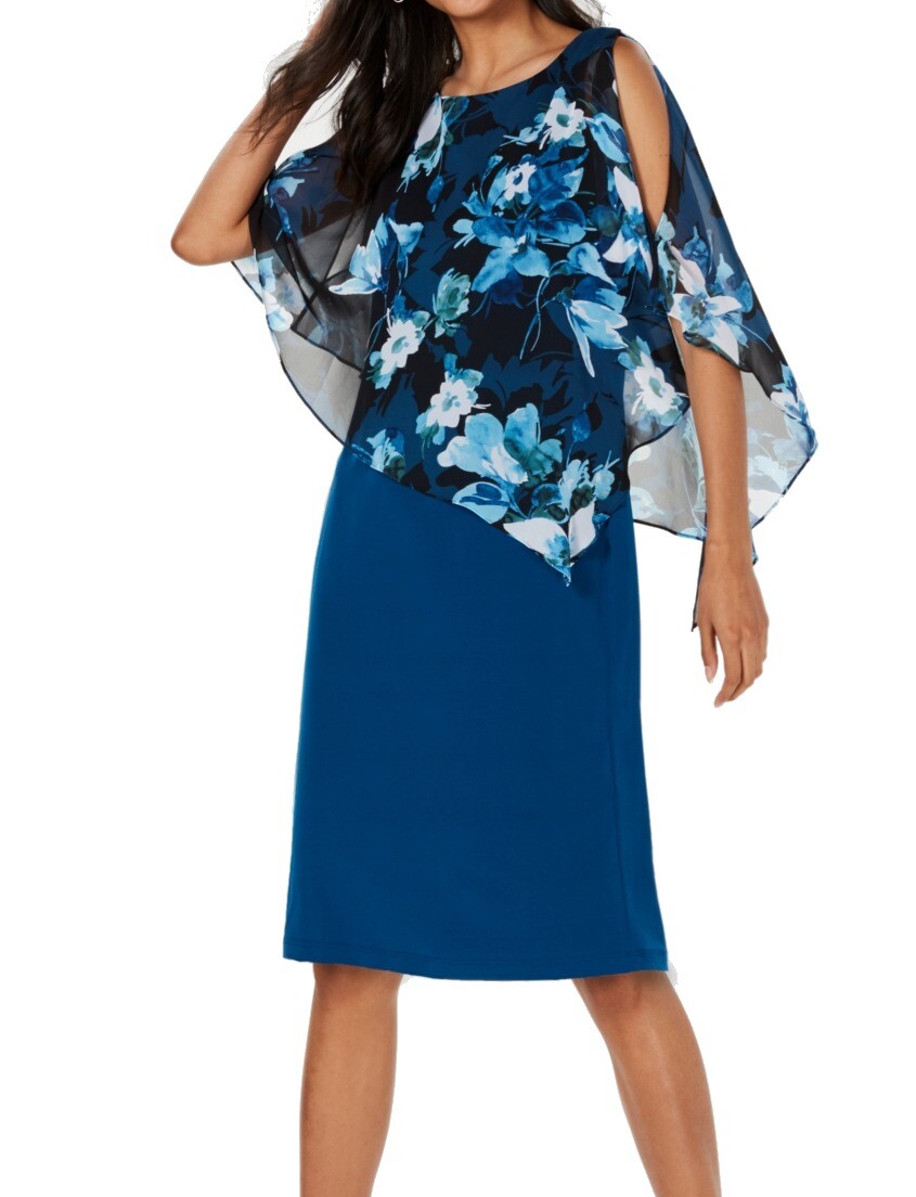 Connected Apparel Womens Dress Blue Sz 4P Petite Floral Chiffon Overlay $79 573