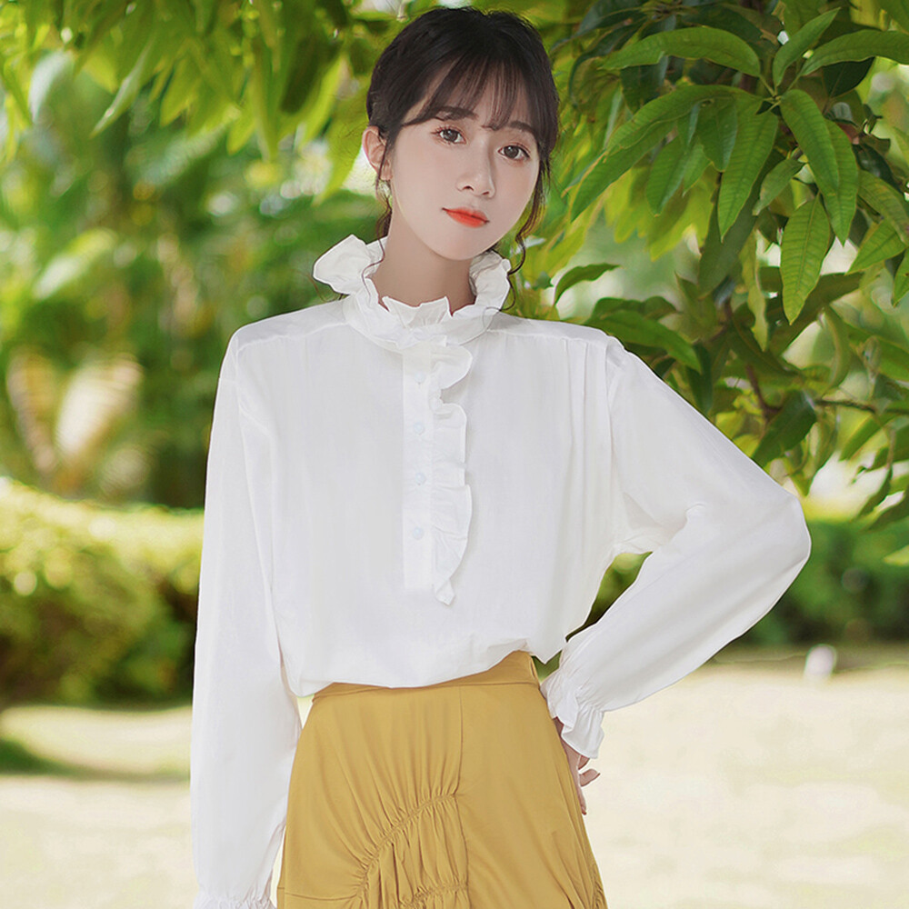 Womens Front Ruffle Collar Bell Shirt Long Sleeves Tops Fashion Simple Blouse Womens Front Ruffle Collar Bell Shirt Long Sleeves Tops Fashion Simple Blouse