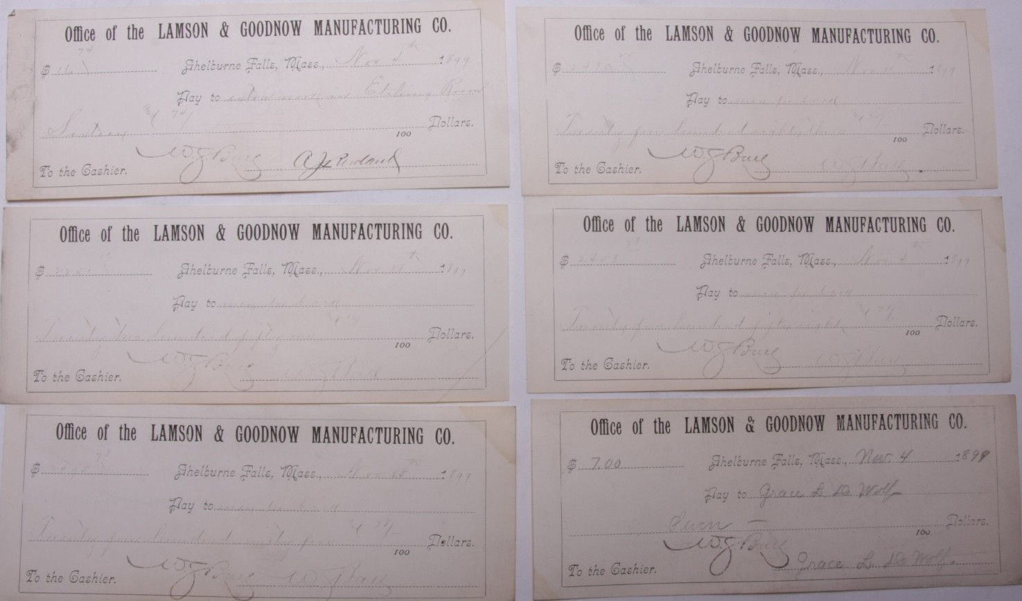 1899 Lamson Goodnow (6) Signed Pay Vouchers Antique Hand Written Ephemera C28-27 1899 Lamson Goodnow (6) Signed Pay Vouchers Antique Hand Written Ephemera C28-27