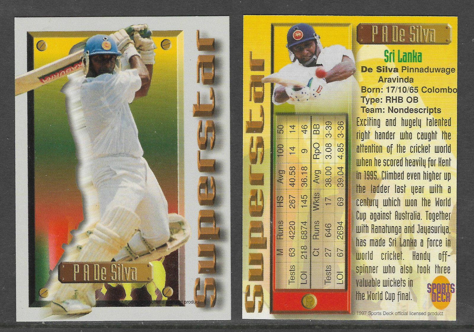 A DE SILVA (Sri Lanka) 1997 South Africa SPORTS DECK CRICKET SUPERSTAR CARD #62 A DE SILVA (Sri Lanka) 1997 South Africa SPORTS DECK CRICKET SUPERSTAR CARD #62