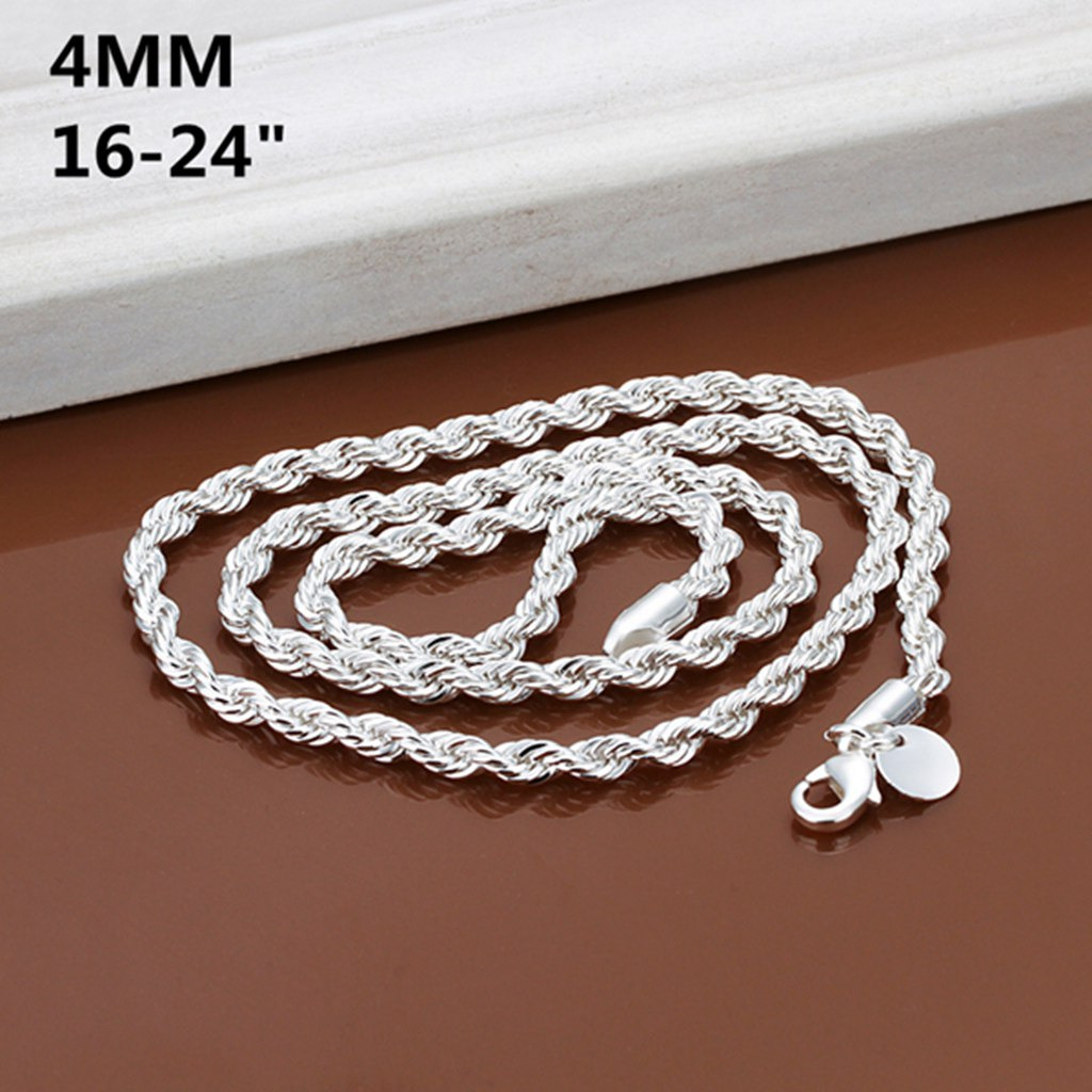 2PCS Hot 925 Sterling Solid Silver 4MM Snake Rope Chain Men Necklace 16-24 Inch 2PCS Hot 925 Sterling Solid Silver 4MM Snake Rope Chain Men Necklace 16-24 Inch