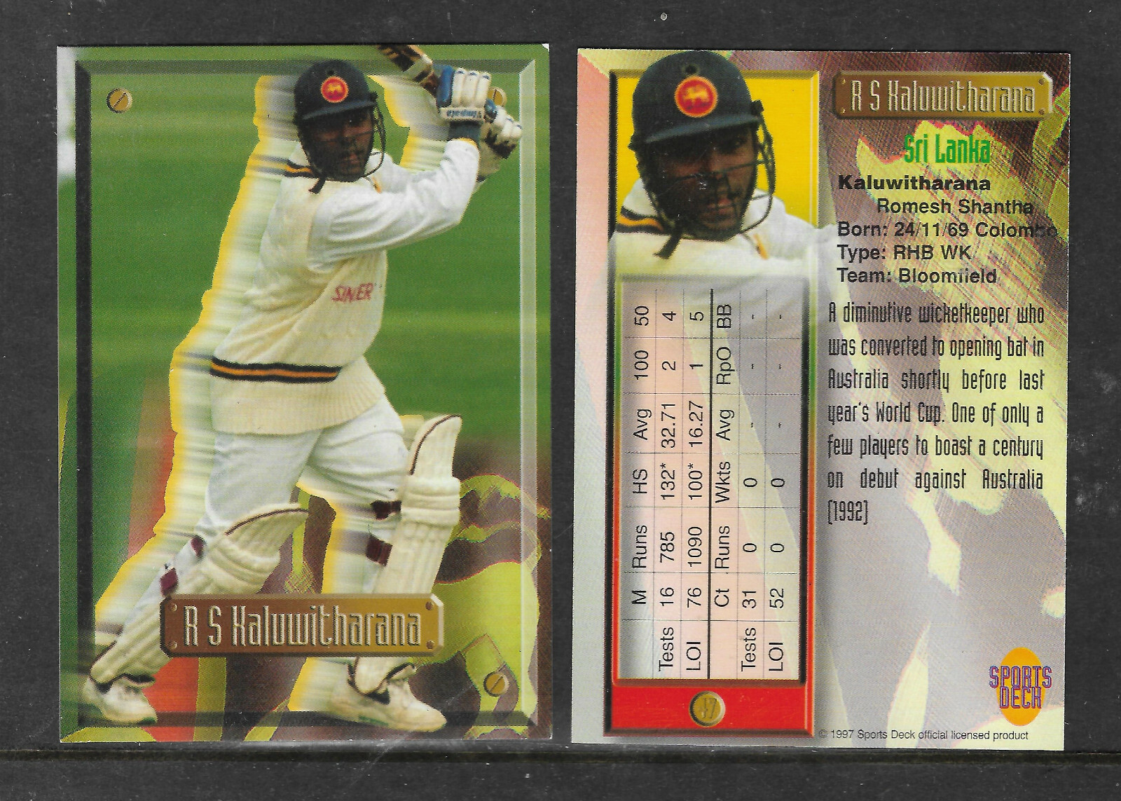 Romesh Kaluwitharana (Sri Lanka) 1997 South Africa SPORTS DECK CRICKET CARD #47 Romesh Kaluwitharana (Sri Lanka) 1997 South Africa SPORTS DECK CRICKET CARD #47