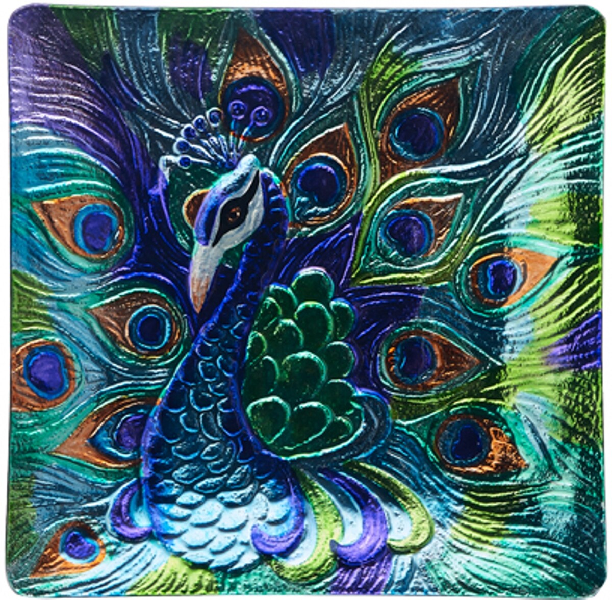 Proud Peacock Platter Art Glass 12.5 Inch Square Kitchen Dining Serving Plate Proud Peacock Platter Art Glass 12.5 Inch Square Kitchen Dining Serving Plate