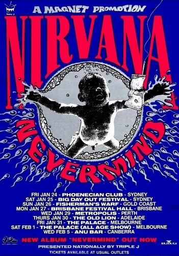 NIRVANA – KURT COBAIN – NEVERMIND AUSTRALIA TOUR POSTER – PRINT – FREE POSTAGE NIRVANA – KURT COBAIN – NEVERMIND AUSTRALIA TOUR POSTER – PRINT – FREE POSTAGE