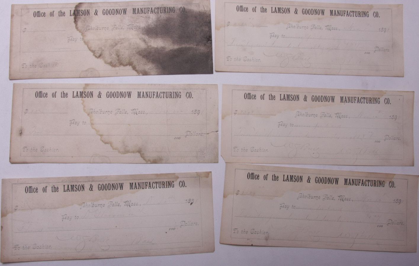 1898 Lamson Goodnow (6) Signed Pay Vouchers Antique Hand Written Ephemera C28-23 1898 Lamson Goodnow (6) Signed Pay Vouchers Antique Hand Written Ephemera C28-23