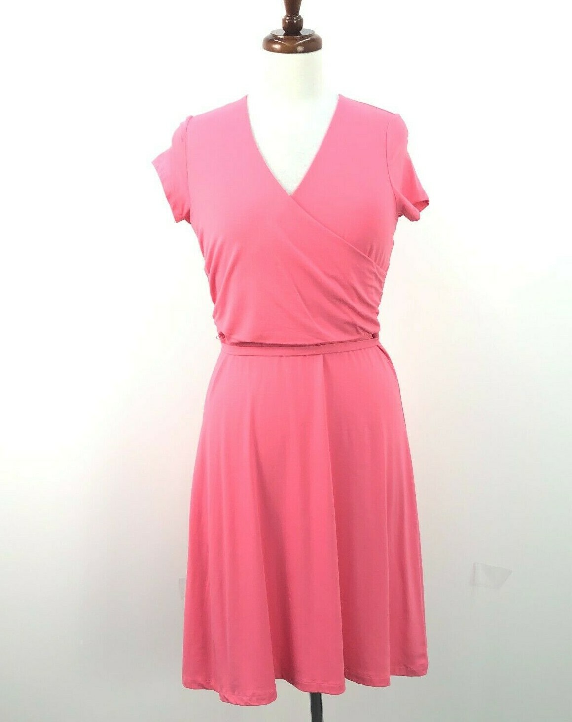 Lands End Pink Faux Wrap Short Sleeve Belted Fit & Flare Midi Dress Womens Sz XS Lands End Pink Faux Wrap Short Sleeve Belted Fit & Flare Midi Dress Womens Sz XS