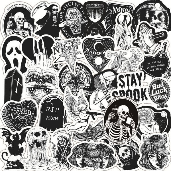 50Pcs Demon Black White Gothic Skull Punk Stickers Skateboard Luggage Car Decals 50Pcs Demon Black White Gothic Skull Punk Stickers Skateboard Luggage Car Decals